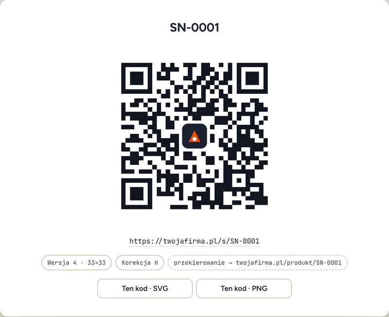 Pojedynczy kod QR SN-0001 z logo w środku i korekcją błędów H, z przyciskami pobierania SVG i PNG